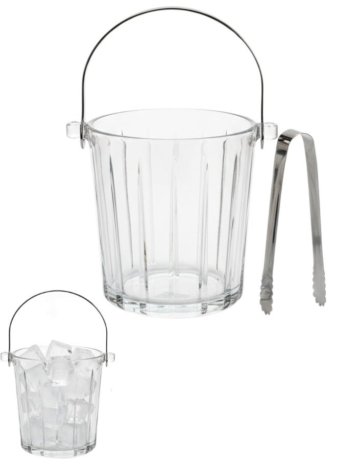 دلو ثلج زجاجي فاخر بسعة 980 مل مع تصميم كلاسيكي أسطواني أنيق، مصنوع من زجاج صودا وجير متين عالي الشفافية، مع مقابض معدنية قوية وملقط ثلج مرفق، مثالي للمناسبات المنزلية، الحفلات، تقديم المشروبات، طاولة البار، استخدام فخم للمشروبات الباردة والكوكتيلات، مقاوم للكسر وسهل الحمل والنقل، تصميم ريبيد خطوط طولية بارزة لعكس الضوء وإضافة لمسة ديكورية أنيقة، مناسب للاستخدام اليومي والاحتفالات الاجتماعية والمناسبات الخاصة والضيوف، Ice Bucket Ice Pail Glass Luxury Clear Ribbed Design Handle Tongs Party Bar Serving Drink Cooler - Image 1